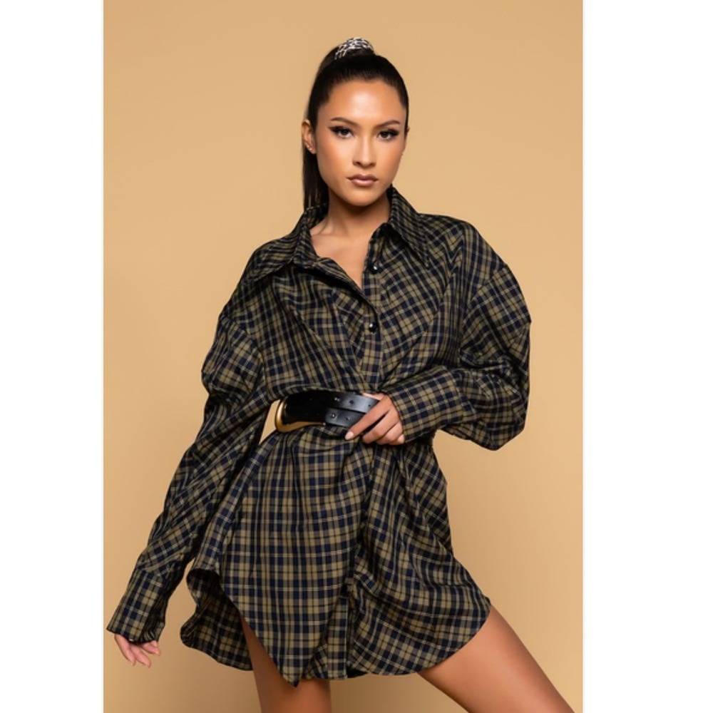 NWT New Boutique J. Renee‎ Plaid Long Sleeve Oversized Shirt Dress Belted 2 XL